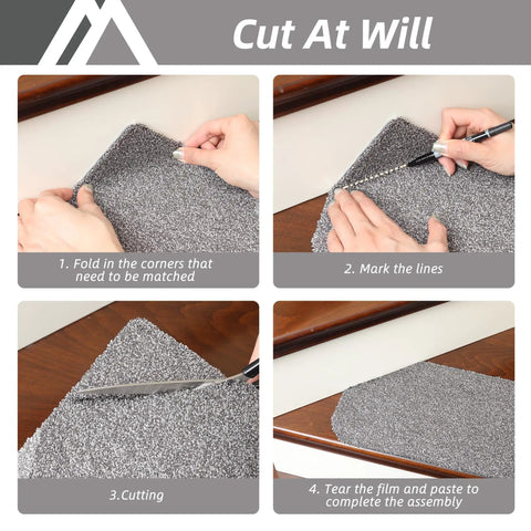 Person demonstrating how to cut Non Slip Stair Treads 15 Pack Carpet Mats For Indoor Stair Runners 28 By 9 Inches Grey 100 Percent Polyester With TPE Backing Protect Floors And Keep Kids And Pets Safe to size on stairs.