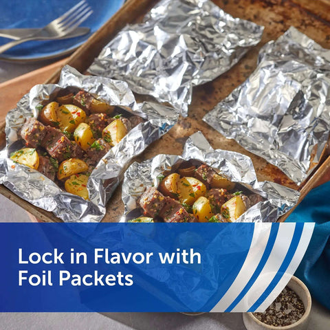 Heavy Duty Aluminum Foil Roll, 12 Inch Wide, 130 Sq Ft, Thick Foil For Grilling, Roasting, And Food Prep, with foil packet meal