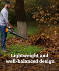 Person using Cordless Leaf Blower With 780 CFM Air Volume And 190 MPH Air Speed Brushless Motor Gas Like Power in yard