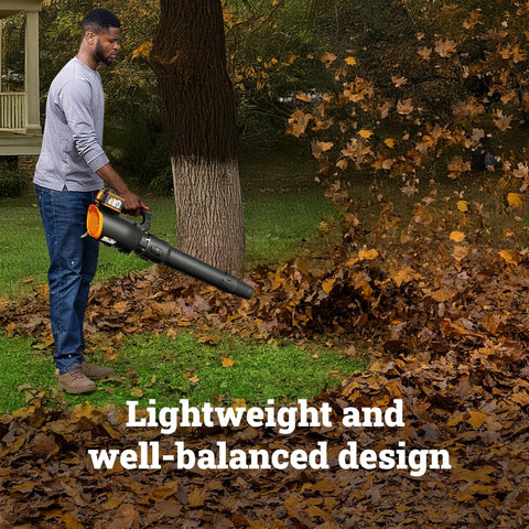 Person using Cordless Leaf Blower With 780 CFM Air Volume And 190 MPH Air Speed Brushless Motor Gas Like Power in yard