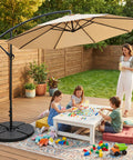 Heavy Duty Four Piece 13 Liter Water And Sand Filled Cantilever Offset Outdoor Umbrella Base Stand For Patio With Weather Resistant HDPE Construction In Black supporting umbrella over children playing.