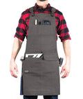 Waxed Canvas Tool Apron For Woodworking Pros And DIYers, Heavy Duty Work Apron With Front Pockets, Adjustable Straps, Gray