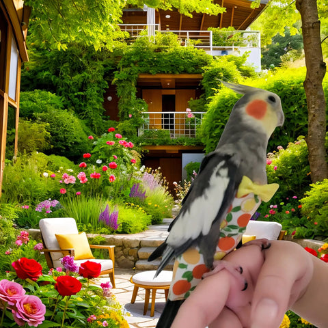 Cockatiel wearing All In One Two Pack Bird Diaper Kit With Harness And 80 Inch Leash in garden setting