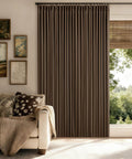 Pleated Linen Blackout Curtains 84 Inches Long 100 Percent Blackout For Bedroom And Living Room With Pinch Pleat Thermal Insulated Back Tab Ring Hooks Room Darkening Drapes In Light Brown With Liner installed in a living room