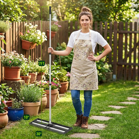 Person holding 30x10 Inch Lawn Leveling Rake with Adjustable 80 Inch Handle in garden, aluminum rollers and stainless steel build visible