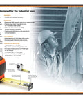 3/4 In By 12 Ft Quikread Power Return Tape Measure With Yellow Clad Case shown with construction worker and measurement guide chart.