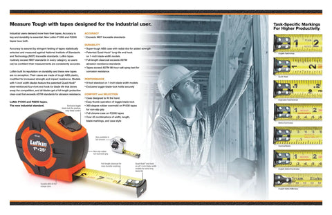 3/4 In By 12 Ft Quikread Power Return Tape Measure With Yellow Clad Case shown with construction worker and measurement guide chart.