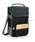 Ultimate Date Night Duo Grab And Go Wine Tote With Cheese Board Two Bottle Insulated Cooler Bag Set dimensions 9.5 x 4.5 x 13.6 inches in black.