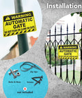 Heavy Duty No Sweat Automatic Gate Warning Sign 8X12 Inches Rust Proof Aluminum mounted on a gate and pole, weather resistant design.