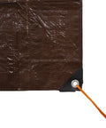 Close-up of Rip Stop Tarp 8 By 10 Feet Heavy Duty Waterproof Brown Outdoor Shelter corner with reinforced grommet and tie down.