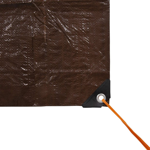 Close-up of Rip Stop Tarp 8 By 10 Feet Heavy Duty Waterproof Brown Outdoor Shelter corner with reinforced grommet and tie down.