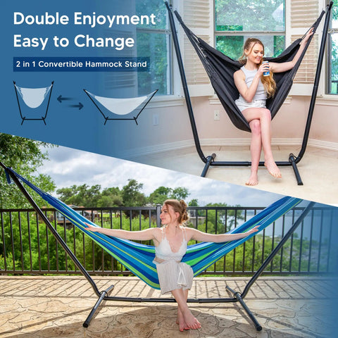 2 In 1 Hammock Chair With Stand For Relaxation Heavy Duty 475 Lbs Capacity Convertible Two Person Hammock Set In Blue Stripe