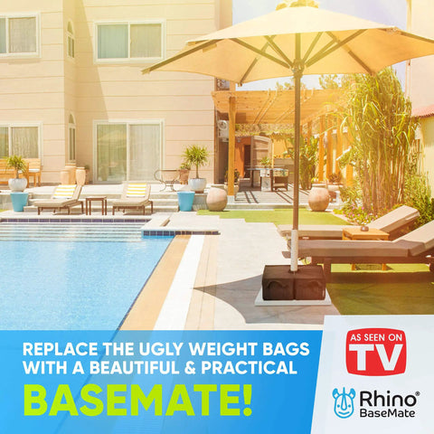 BaseMate 18 Inch Umbrella Base Weight Keeps Your Patio Umbrella Steady In Windy Weather, shown poolside, black finish