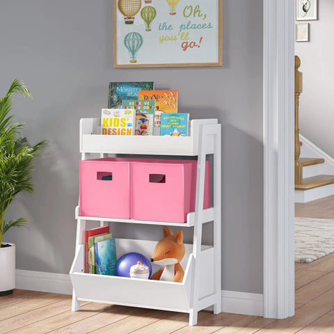 Pink Folding Storage Bins With Handles, Cube Organizer Set Of 2, on white shelf with toys and books, for closet or playroom use