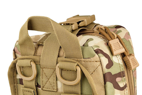 Close-up of Scherber Premium IFAK MOLLE medical pouch in camouflage with tan straps and D-rings