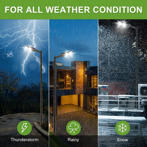 Go To 300W LED Parking Lot Shoebox Lights illuminating in thunderstorm, rain, and snow conditions
