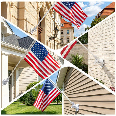 Mighty Sturdy White Flag Pole Holder Bracket For Outside House Walls, 1 Inch Aluminum Outdoor Mount with American flags on different house angles.