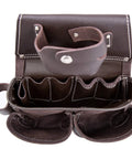 Top view of open Oiled Tanned Rig Tool Belt Pouch Bag for carpenters with multiple compartments and loops for tools.