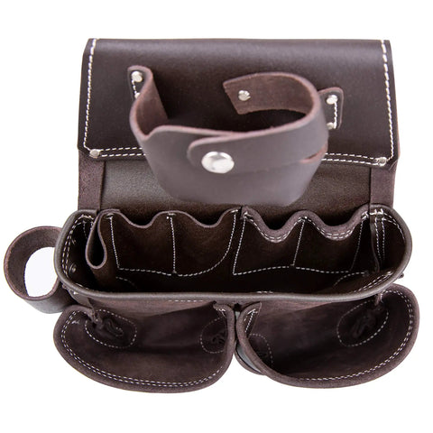 Top view of open Oiled Tanned Rig Tool Belt Pouch Bag for carpenters with multiple compartments and loops for tools.