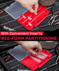 4 Piece Red Portable Transparent Plastic Small Parts Organizer Case Set With Removable Dividers And Secure Clip Latch For Screwdriver Bits And Tiny Tools Grab-And-Go Lightweight Handy For Home Workshop Garage Or Travel, showing inserts and partitioning.