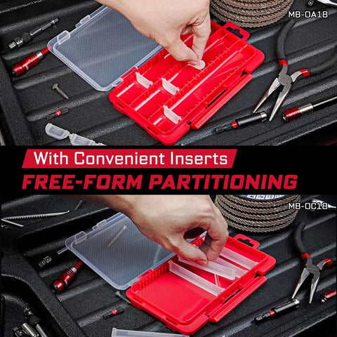 4 Piece Red Portable Transparent Plastic Small Parts Organizer Case Set With Removable Dividers And Secure Clip Latch For Screwdriver Bits And Tiny Tools Grab-And-Go Lightweight Handy For Home Workshop Garage Or Travel, showing inserts and partitioning.