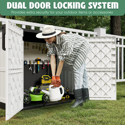 Hella Spacious 36 Cubic Feet Horizontal Resin Outdoor Storage Cabinet With Lockable Doors And No Sweat Assembly Totally Weatherproof Patio Shed For Lawn Mower And Pool Gear