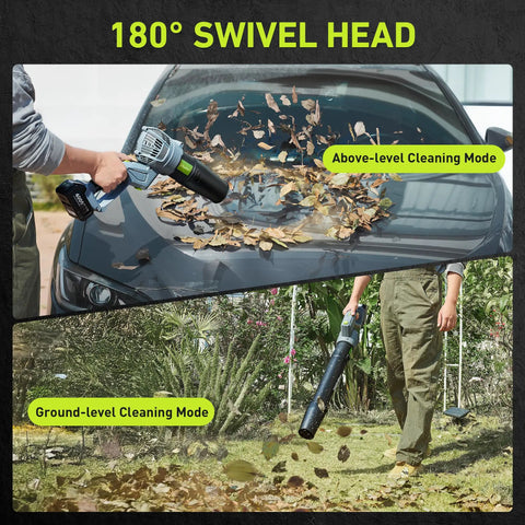 Cordless Leaf Blower With Swivel Head 550 CFM 150 MPH in use on car and lawn, showcasing above-level and ground-level cleaning modes