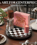 10.2 Inch Black White Checkerboard Lazy Susan Organizer With Oak Base And Iron Frame Ultra Slick Rotating Serving Tray showcased on a table with decor items.