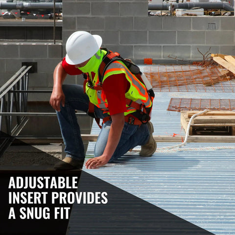 Worker wearing full brim hard hat with 4-point ratchet, OSHA and ANSI compliant safety helmet, adjusting fit for jobsite protection