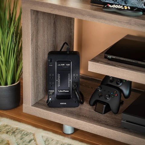 650 VA UPS Battery Backup With Eight Outlets For Home Office inside shelf, keeps your gear online and data safe during power outages