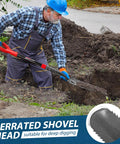 Man using Heavy Duty Drain Spade With Narrow Serrated Blade For Cutting Roots And Digging 44 Inch Garden Shovel with steel head
