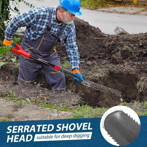 Man using Heavy Duty Drain Spade With Narrow Serrated Blade For Cutting Roots And Digging 44 Inch Garden Shovel with steel head