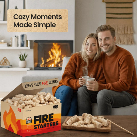 Couple by fireplace with Natural Wood Fire Starters Bulk 150 Count For Campfires Fireplaces Grills BBQ Charcoal Wood Stoves
