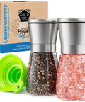 Stainless Steel Salt And Pepper Grinder Set Two Pack With Glass Jars, Adjustable Ceramic Burr Mills, BPA Free, Easy Grip Shakers