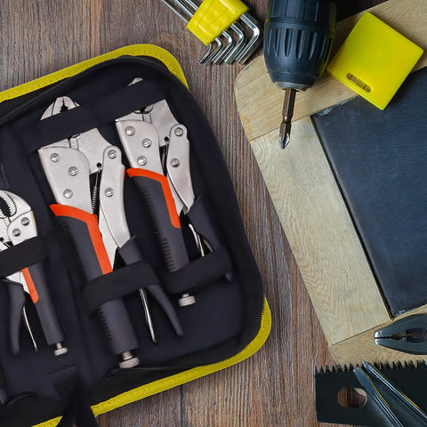 Five Pack Locking Pliers Set With Curved Jaw And Long Nose Precision Grips In 5 Inch 7 Inch 9 Inch And 10 Inch Sizes Includes Wire Cutter Screw Adjustable Locks With Trigger Release And Handy Storage Bag displayed in open bag.