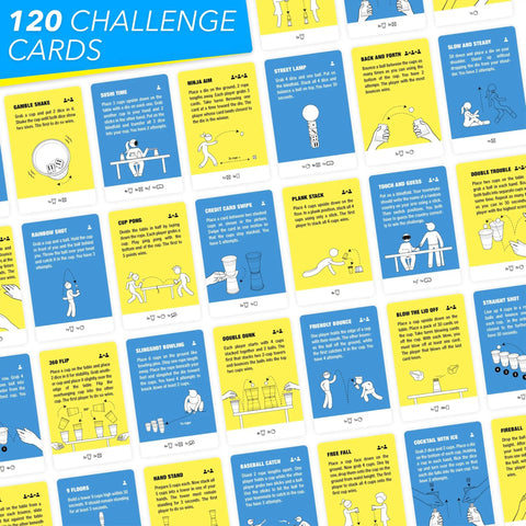 120 challenge cards from Ultra Fun Competitive Challenge Game With 120 Quick Dares And Cup Stack Challenges Perfect For Family Nights Parties And Teens Beat Your Friends And Win In Fast Paced Group Play displayed in a grid.