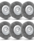 Six Pack Six Inch Carbon Steel Wire Wheel Brushes For Bench Grinders, durable bristle design for effective rust stripping and cleanup.
