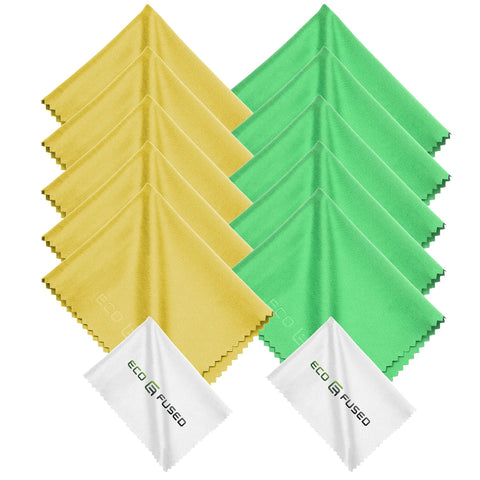 Eco-Fused microfiber cleaning cloths, 12-pack in yellow and green, for glasses and screens.