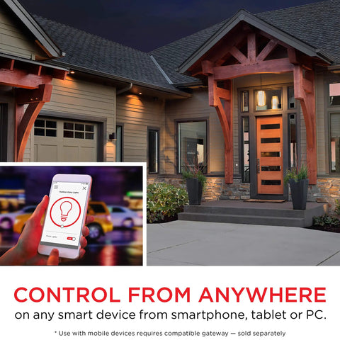 Modern home exterior with mobile app control for Add-On In-Wall White Rocker Paddle Switch For Z-Wave And ZigBee Wireless Smart Lighting Controls.