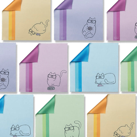 Microfiber cleaning cloths, front view: ten multicolor pastel with cat designs for eyeglasses and devices.