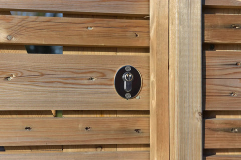 Long Throw Gate Lock For Sheds And Fences With Euro Profile Keyed Both Sides, 316 Stainless Steel Black Finish, installed on a wooden gate