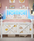 Next Level Twin White Bed Frame With Headboard And Footboard Featuring Built In Rgb Led Lights App Controlled Smart Bedroom Furniture For Ultimate Chill Vibes And Serious Glow Up, showcasing blue LED lights and cozy bedding.