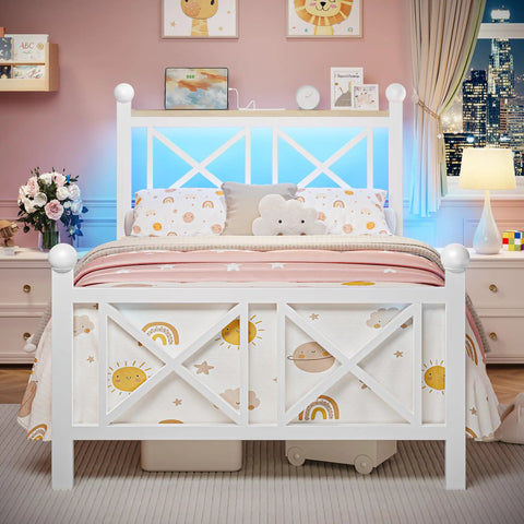Next Level Twin White Bed Frame With Headboard And Footboard Featuring Built In Rgb Led Lights App Controlled Smart Bedroom Furniture For Ultimate Chill Vibes And Serious Glow Up, showcasing blue LED lights and cozy bedding.