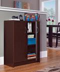 Espresso Stackable Two-Door Organizer With Two Adjustable Shelves in a dining room setup, ideal for small spaces pantries bedrooms and craft areas
