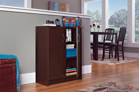 Espresso Stackable Two-Door Organizer With Two Adjustable Shelves in a dining room setup, ideal for small spaces pantries bedrooms and craft areas