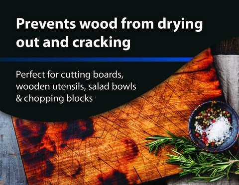 Wooden cutting board with herbs next to text 'Prevents wood from drying out and cracking' for Premium Food Grade Mineral Oil For Wood Surfaces.