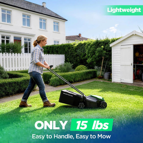 Lightweight 14 Inch Cordless Lawn Mower With 20V Power And 5Ah Battery, Ultra Quiet Push Mower For Small Yards Up To 3,000 Sq Ft, Easy Maneuver, Backyard Lawn Care And Maintenance, woman mowing lawn