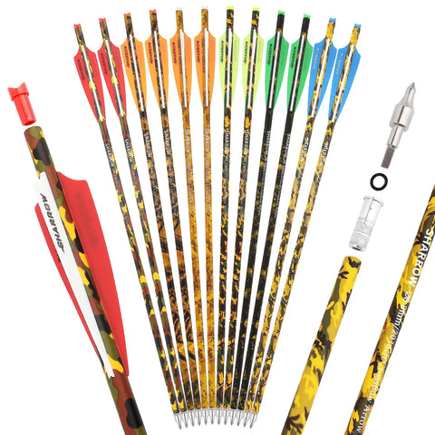 Carbon Crossbow Bolts With Removable 125 Grain Tips, 16 17 18 20 22 Inch, Camo Shaft, Low Hand Shock, Straight Flight Arrows For Hunting And Target Practice, multicolored fletching