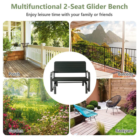 Outdoor Glider Bench With Steel Frame 2 Seat Porch Loveseat Swing shown in four settings: porch, balcony, garden, backyard.