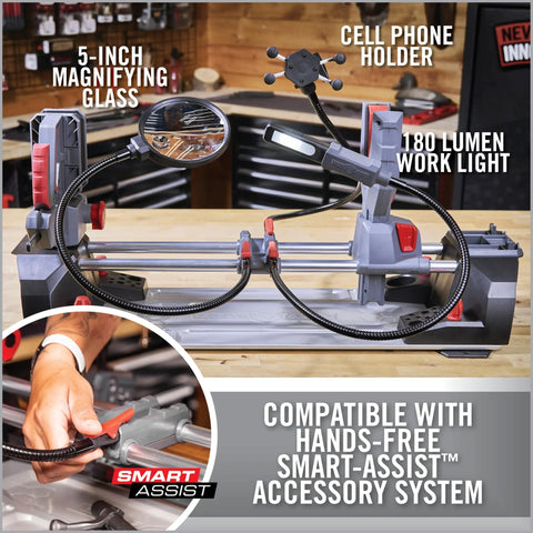 One-Hand Clamp Gun Workstation with non-marring yokes, leveling knob, and accessories for secure firearm maintenance setup.